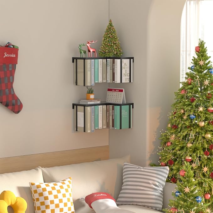 L-Shaped Corner Floating Shelves Set of 2, Floating Book Shelves for Wall | Pine Wood Wall Mount Floating Bookshelf with Hanging Strap Holds 9 Books, Hanging Hookshelf Display Shelf for Home Wall Decor