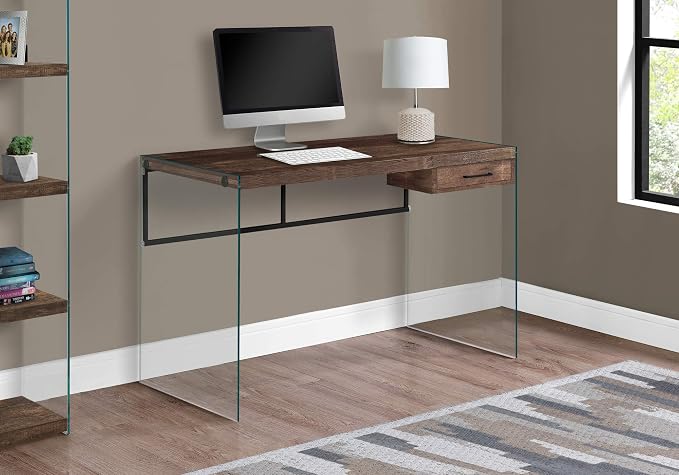 Monarch Specialties Computer Desk - Contemporary Writing Desk with Drawer - Tempered Glass Legs - 48"L (Brown Reclaimed Wood Look)
