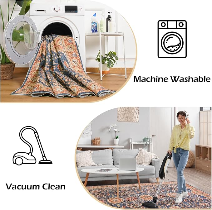 Goideal Washable Rug 4x6, Vintage Area Rugs Non Slip, Indoor Low Pile Carpet with Rubber Backing for Living Room Kitchen Bathroom Entryway Office Bedroom, Navy Blue & Orange