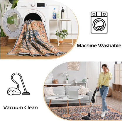 Goideal Washable Rug 9x12, Vintage Area Rugs Non Slip, Indoor Low Pile Carpet with Rubber Backing for Living Room Kitchen Bathroom Entryway Office Bedroom, Navy Blue & Orange
