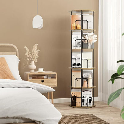 SUNMORY 5 Tier Rotating Bookshelf Tower, Revolving 360 ° Spinning Bookcase, Hexagonal Corner Book Shelf Storage Carousel, Vertical Rotate Turning Organizer Book Shelves for Living Room Office Bedroom