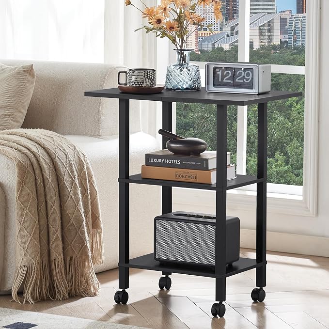 YUFAM Black 3 Tier Home Printer Stand with Storage, Wooden Mobile Printer Table Shelf, Rolling Printer Cart Shelf with Lockable Wheels fit Fax Machine, Scanner