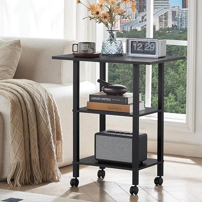 YUFAM Black 3 Tier Home Printer Stand with Storage, Wooden Mobile Printer Table Shelf, Rolling Printer Cart Shelf with Lockable Wheels fit Fax Machine, Scanner