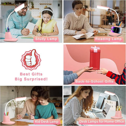 Pink Desk Lamp, Small Desk Lamp with Pen Holder, Wireless Charger LED Desk Lamps for Home Office, Kids Desk Lamps 800LM Flexible Arm 3 Modes Dimmable Touch, Study Lamps for College Dorm Room