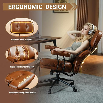 Home Office Chair,Ergonomic Computer Chair with Lumbar Support Adjustable Height,Mid-Century Modern Office Chair with Rolling Swivel Chair for Home Office Game Study(PU Leather Chair,Brown)