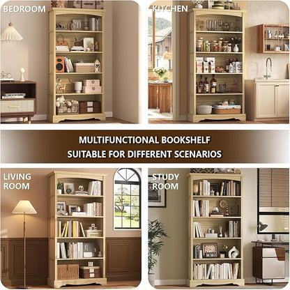 TVU 5-Tier Wooden Bookshelf, 65 Inch Tall Bookshelf with Storage, Floor Standing Modern Style Display Bookcase for Living Room, Office, Study Room, Entryway, Natural Wood Color