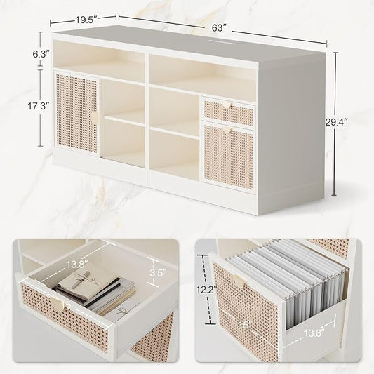 ModernMate 2 Drawer Lateral File Cabinet, 63" Wood Filing Cabinet for Home Office with Lock, Adjustable Storage Shelves, AC/USB, Sliding Door, Wide Office Credenza, Fits Letter/A4 Size, White Rattan