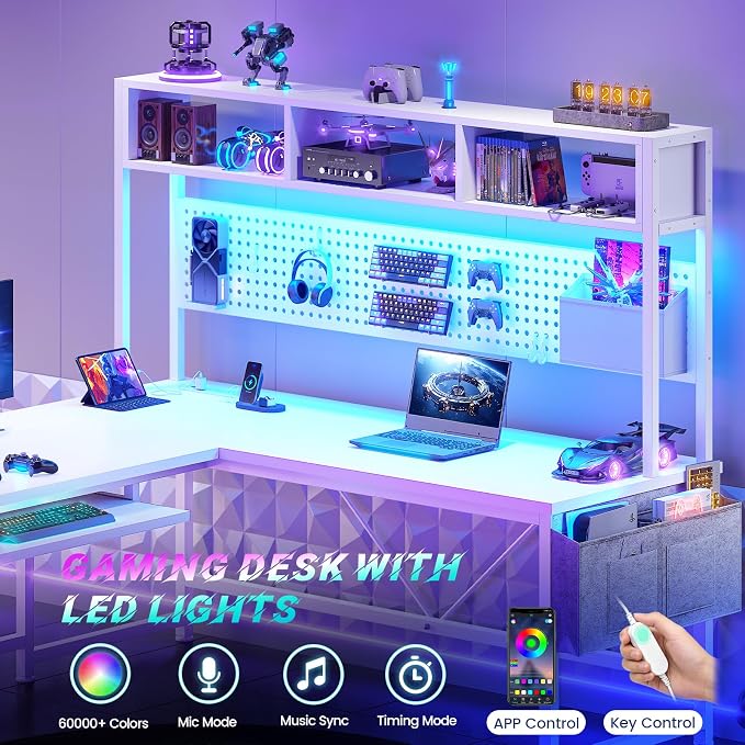 SEDETA White L Shaped Gaming Desk, Reversible Corner With Power Outlet and Pegboard, Hutch, Storage Shelf, Keyboard Tray, and LED Lights for Home Office