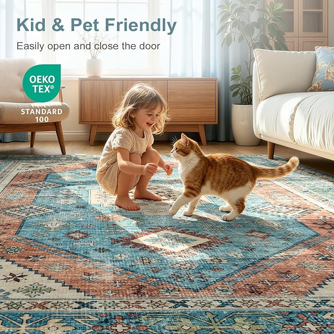 Lofus Vintage Living Room Rugs 5x7, Soft Machine Washable Area Rug for Bedroom Indoor Floor Home Office House Decor, Oriental Traditional Distressed Farmhouse Carpet, Boho Terracotta and Blue