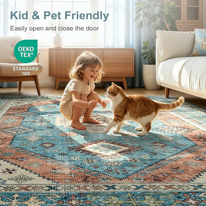 Lofus Vintage Living Room Rugs 5x7, Soft Machine Washable Area Rug for Bedroom Indoor Floor Home Office House Decor, Oriental Traditional Distressed Farmhouse Carpet, Boho Terracotta and Blue