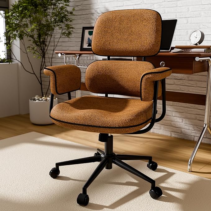 HomeZeer Brown Office Chair, Memory Foam Seat Mid Century Modern Desk Chair | 3.9" Sloped U-Shaped Memory Foam Cushion, Granular Linen Fabric, Lumbar Support, 1.2mm Sturdy Metal Tube, 400LBS Capacity
