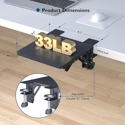 BONTEC Ergonomic Desk Extender Tray, 9.5"x9.1" Table Mount Arm Wrist Rest Shelf, 90°Foldable Elbow Support, Clamp on Computer Arm Rest for Desk, Office & Home Use,Durable Easy to Install,Black pattern