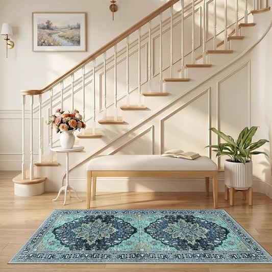 RELEANY Area Rugs Runner 2'6"x5' Washable Non-Slip, Floral Vintage Distress Medallion Carpet for Kitchen Hallway Bedroom Beside Laundry Room Bathroom, Teal Green Lake Blue Turquoise