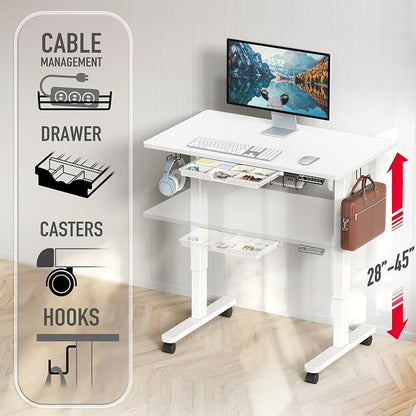 SHW 40-Inch Mobile Electric Height Adjustable Sit to Stand Desk with Drawer, Hanging Hooks and Cable Management, White