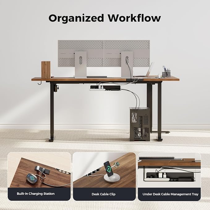 Agilestic Electric L Shaped Standing Desk 63 x 55 Inch with Power Outlet, Height Adjustable Corner Stand up Desk with Cable Management,Sit Stand Home Office Workstation with Splice Board, Dark Walnut