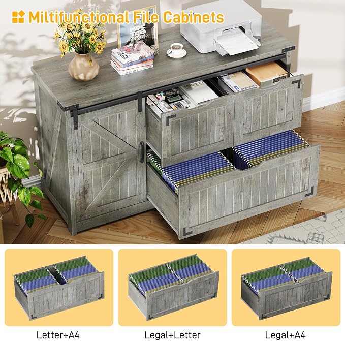Halitaa 47.8” Farmhouse Lateral File Cabinet with Sliding Barn Door, 3 Drawers Filing Storage Cabinets with Adjustable Shelf, Office Printer Stand for Hanging Files Letter/Legal/A4/F4.Grey