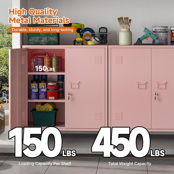 Metal Storage Cabinet 35.4”H Locking Storage Cabinet (Pink) | With 2 Adjustable Shelves and Doors, Pink Small Storage Cabinet for Home Warehouse Office Garage