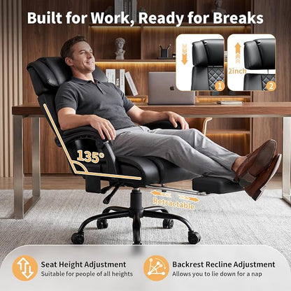 HOFFREE 8-Point Vibration & Heat Massage Office Chair with Footrest,Black | Massage Desk Chair for Heavy People 500lbs Big and Tall Office Chair with Adjustable Headrest and Linkage Armrests,Leather