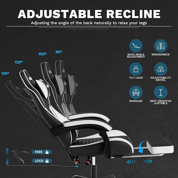 Ergonomic Video Gamer Chairs Gaming Computer Chair Gamer Chairs for Adults Massage Lumbar Support Swivel Height Adjustable Headrest Backrest