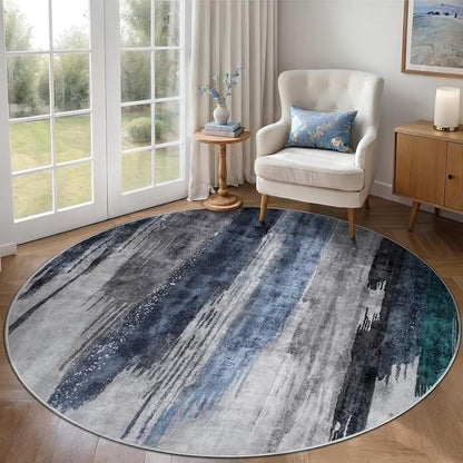 Ciicool 6ft Round Washable Rug, Modern Abstract Circle Rugs, Non-Slip Thin Low-Pile Rug Navy Grey Circular Print Distressed Carpet for Bedroom Living Room Under Dining Table Home Office Decor