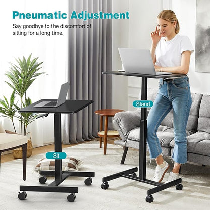 DUMOS Mobile Small Standing Desk, Portable Rolling Laptop Desk with 2 Lockable Wheels, Adjustable Height Computer Workstation for Home Office, 19 Inch Black