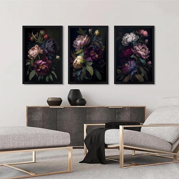 ICHZUMW Moody Peony Floral Canvas Wall Art Set of 3, Black Wood Framed Dark Academia Gothic Botanical Wall Decor, Ready to Hang Fade‑Resistant Flower Pictures for Bedroom Living Room Bathroom, 20×30in