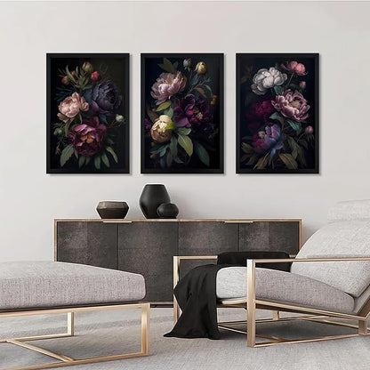 ICHZUMW Moody Peony Floral Canvas Wall Art Set of 3, Black Wood Framed Dark Academia Gothic Botanical Wall Decor, Ready to Hang Fade‑Resistant Flower Pictures for Bedroom Living Room Bathroom, 20×30in