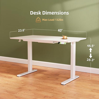 INNOVAR Glass Standing Desk with Drawers, 40×24 Inch Adjustable Stand Up Desk Quick Install Home Office Computer Desk, Super White
