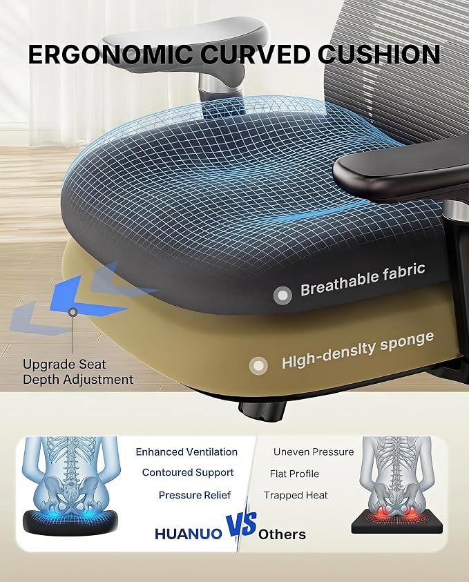 HUANUO FlowLift™ Ergonomic Office Chair with 6D Armrest, Seat Depth Adjustment, Lumbar Support, Quiet Rubber Caster, High Back Mesh Desk Chair with 3D Headrest, Big and Tall Chair for Home Office