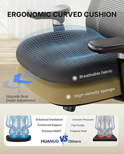 HUANUO FlowLift™ Ergonomic Office Chair with 6D Armrest, Seat Depth Adjustment, Lumbar Support, Quiet Rubber Caster, High Back Mesh Desk Chair with 3D Headrest, Big and Tall Chair for Home Office