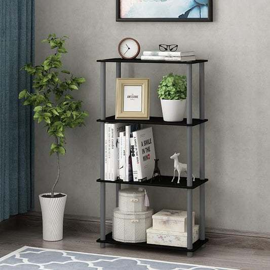 Furinno TURN-N-TUBE Storage Shelves, 4-Tier Toolless Book Shelf, Corner Shelf, Toolless Open Shelves, for Organization and Storage, Living Room, Garage, Home Office, Black