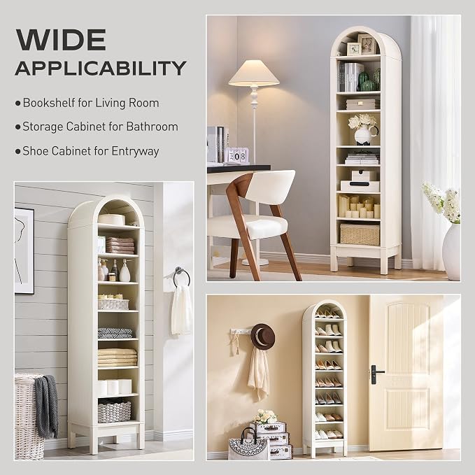 IFGET 71" Tall Arched Bookshelf, 8 Tiers Arch Bookcase with Storage, Modern Farmhouse Book Shelf with Adjustable Shelves, Wood Bookshelf w/Open Display Shelves for Living Room, Office (Antique White)