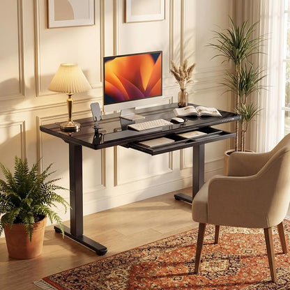 YESHOMY Electric Standing Desk with Tempered Glass Top, 47.2" Height Adjustable Desk with Partitioned Drawer & USB/Type-C Ports, Sit Stand Desk for Home Office, Black