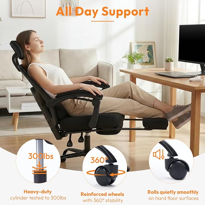 Desk Chair with Foot Rest, High-Back Mesh Office Chair with Wheels, Reclining Gaming Chair with Headrest and Adjustable Lumbar Support, 90°-130° Reclining, for Home Office and Gaming, Classic Black