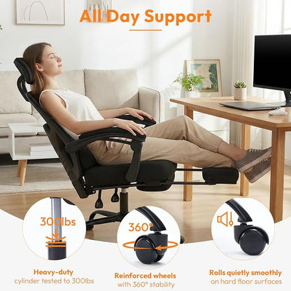 Desk Chair with Foot Rest, High-Back Mesh Office Chair with Wheels, Reclining Gaming Chair with Headrest and Adjustable Lumbar Support, 90°-130° Reclining, for Home Office and Gaming, Classic Black