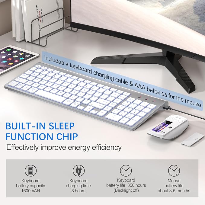 Wireless Backlit Keyboard and Mouse Ultra Slim Combo, TopMate 2.4G Silent Compact 2400DPI Mouse and Scissor Switch Keyboard Set, Batteries Included, for PC/Laptop/Windows/Mac/Gaming - BL Silver White