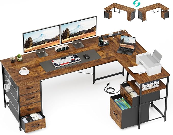 YOUDENOVA 63 Inch L Shaped Desk with Power Outlets & Type-C Port, Reversible Corner Computer Desk with 6 Drawers & File Cabinet, Large Workstation for Home Office, Gaming, Study, Rustic Brown