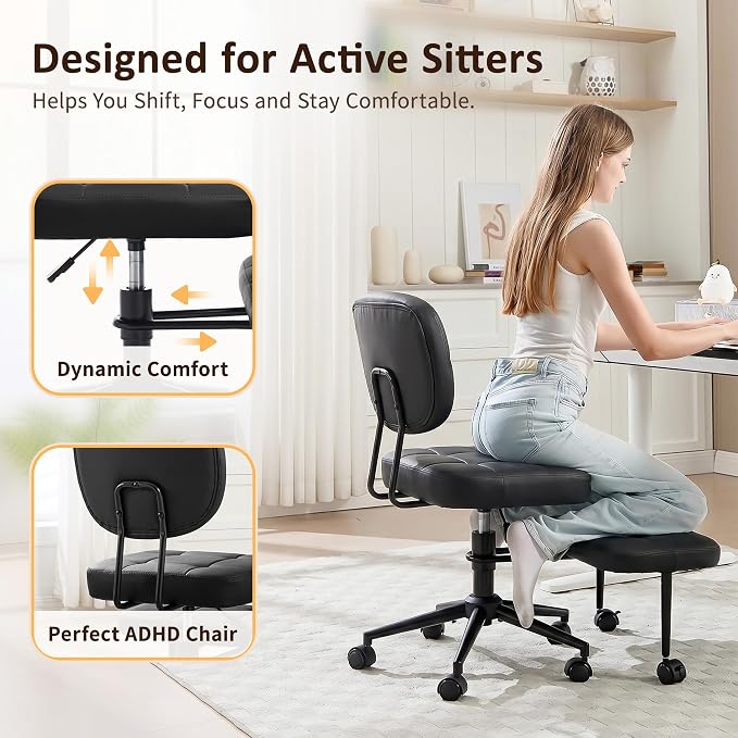 Criss Cross Chair Armless Office Chair for Cross Legged Sitting, 300lb Heavy Duty Ergonomic Desk Chair for ADHD, Adjustable Meditation Yoga Kneeling Chair with Brake Wheels for Home Office (Black)