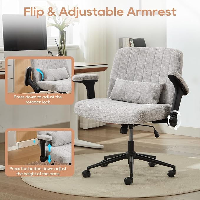 IPKIG Criss Cross Chair with Adjustable Flip-up Arms, Vanity Chair with Wheels, Comfy Desk Chair with Lumbar Pillow Swivel Wide Office Chair for Home Office, Bedroom, Chenille, Light Grey