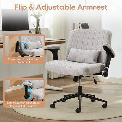 IPKIG Criss Cross Chair with Adjustable Flip-up Arms, Vanity Chair with Wheels, Comfy Desk Chair with Lumbar Pillow Swivel Wide Office Chair for Home Office, Bedroom, Chenille, Light Grey