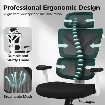 Ergonomic Office Chair High Back Desk Chair with Lumbar Support, Breathable Mesh Computer Chair with Adjustable Armrests Height, Reclining Swivel Big and Tall Gaming Chair for Home Office(White)
