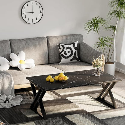 Wolawu Coffee Table Living Room Table Black Center Table, Simple Modern Faux Marble Rectangular Tea Table with Sturdy Black-Finished Metal Frame,Industrial Wooden Coffee Table for Bedroom Home Office