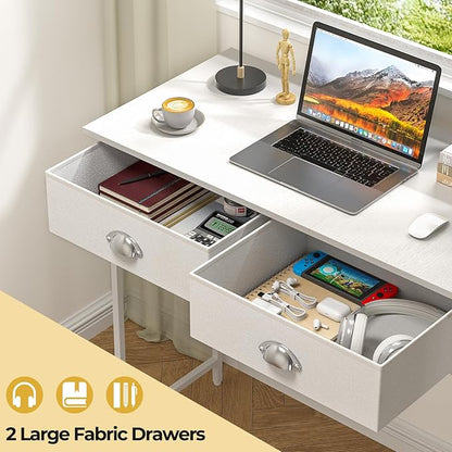 DAOUTIME Small Writing Desk for Kids Bedroom, 31.5 Inch Small Computer Desk for Small Spaces, Simple Desk with 2 Fabric Drawers for Home Office, Dorm, Living Room, Home Study Table, White