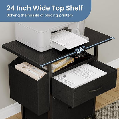 DUMOS 2 Drawer Mobile File Cabinet, Fabric Filing Cabinet with 24'' Desktop,Small Office Drawers Under Desk Fits A4 Size, Rolling Printer Stand with Storage Side Bag for Home Office, Black