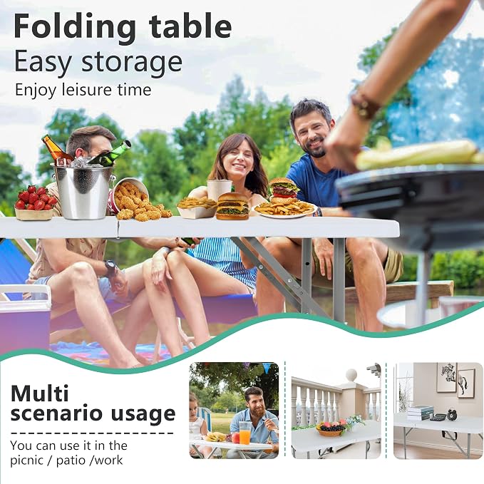 FDW 4FT Folding Table Half Portable Foldable Table Picnic Table for Office Home Camping Party (White, 4 FT)