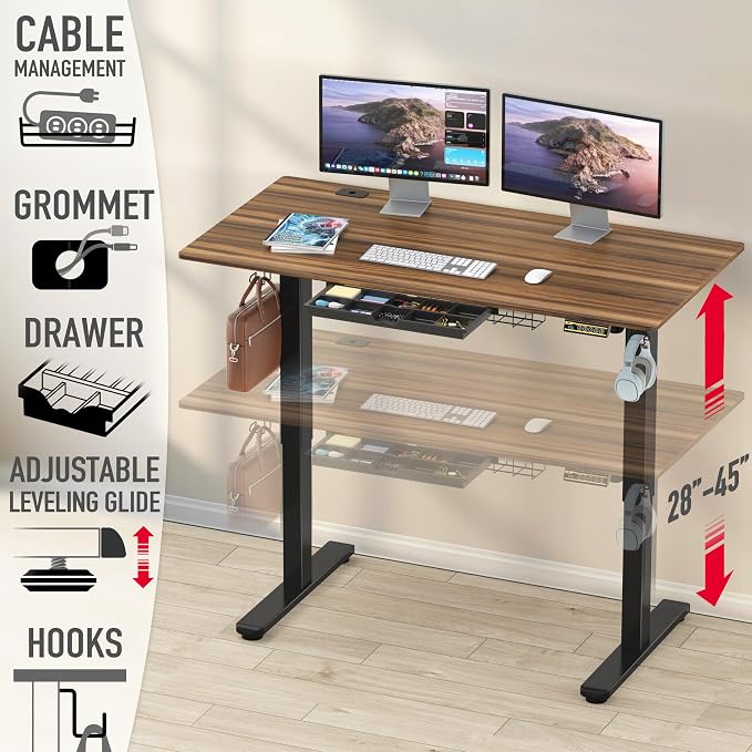 SHW 55 x 28 Inches Electric Height Adjustable Standing Desk with Drawer and Memory Preset, Walnut