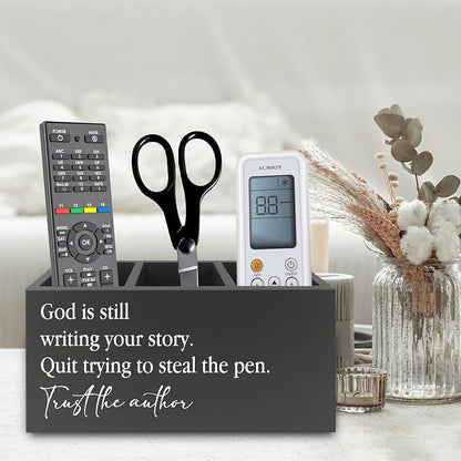 Christian Inspirational Pen Pencil Holder Organizer for Desk, God Is Still Writing Your Story Bible Verse Religious Black Wooden Box Sign for Office Home Desk Tabletop Decorations