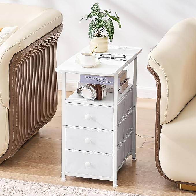 DALEMHOME Narrow End Table with Charging Station, Narrow Side Table with 3 Fabric Drawers, Slim Nightstand with LED Light, Small Table with Storage, Living Room, Bedroom, White HKET1303WT