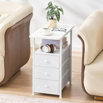 DALEMHOME Narrow End Table with Charging Station, Narrow Side Table with 3 Fabric Drawers, Slim Nightstand with LED Light, Small Table with Storage, Living Room, Bedroom, White HKET1303WT
