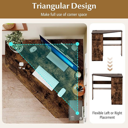 Giantex Corner Desk, Space-Saving Triangle Computer Desk with Storage Shelves & CPU Stand, Modern Makeup Vanity Table for Bedroom, Writing Desk for Small Spaces (Rustic Brown)